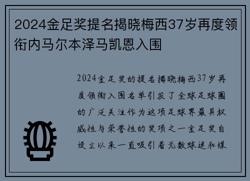 2024金足奖提名揭晓梅西37岁再度领衔内马尔本泽马凯恩入围