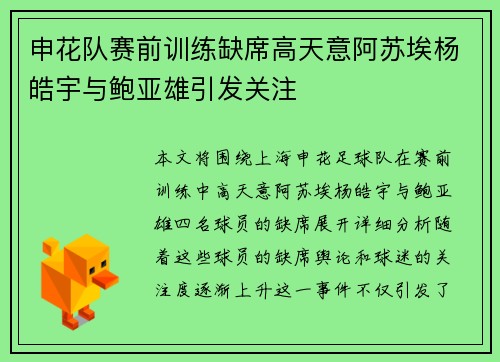 申花队赛前训练缺席高天意阿苏埃杨皓宇与鲍亚雄引发关注