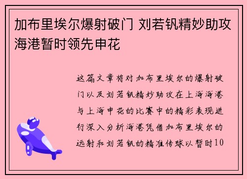 加布里埃尔爆射破门 刘若钒精妙助攻海港暂时领先申花